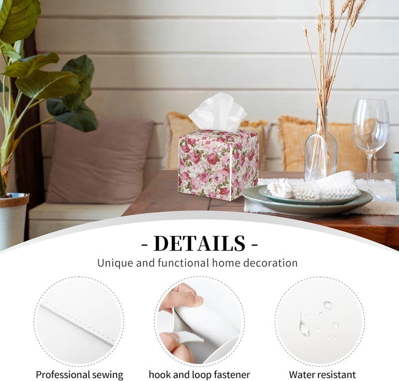 sndheke Vintage Rose Flowers Leaves Tissue Box Cover Square,Pink Floral Plants Tissue Box Holder Waterproof Leather Facial Paper Organizer Dispenser for Bathroom Home Car Nightstand Vanity Desk - Image 3